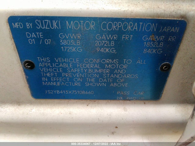 2007 SUZUKI SX4 VIN: JS2YB413X75108660