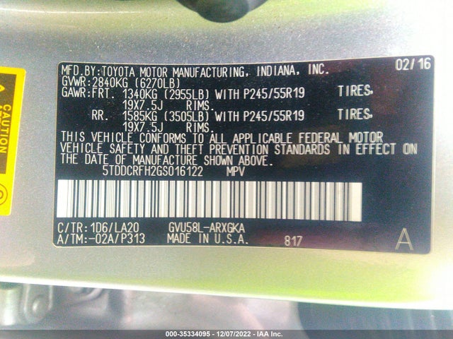 2016 Toyota Highlander, VIN: 5TDDCRFH2GS016122