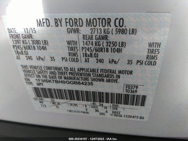 2016 FORD EXPLORER BASE VIN: 1FM5K7BH0GGB84235