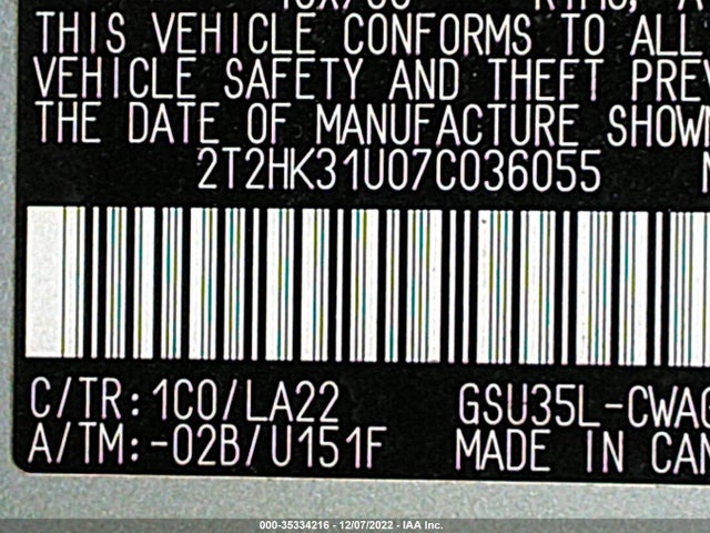 2T2HK31U07C036055 Lexus RX 350