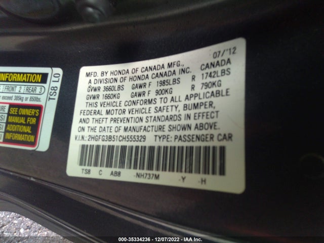 2012 HONDA CIVIC CPE LX VIN: 2HGFG3B51CH555329