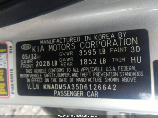 2013 KIA RIO LX VIN: KNADM5A35D6126642