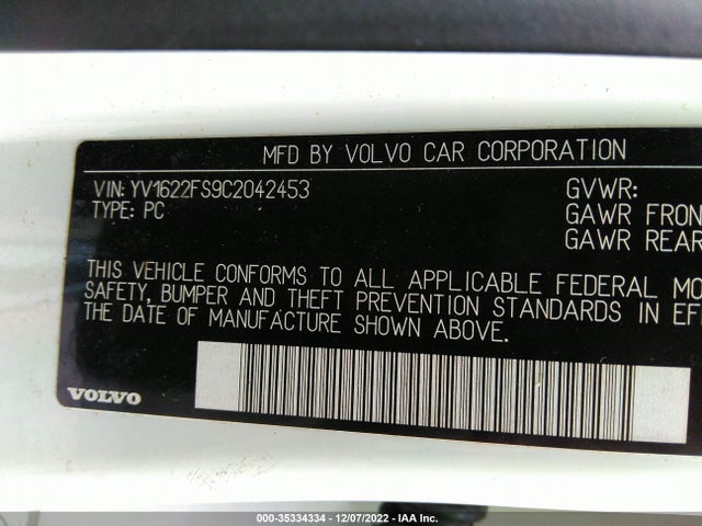 2012 VOLVO S60 T5 VIN: YV1622FS9C2042453