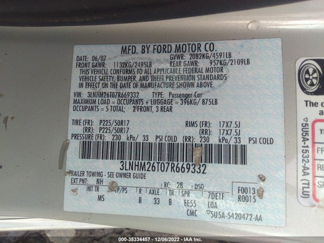 Lincoln MKZ 2007 3LNHM26T07R669332 Image 10