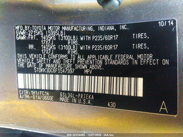 2015 TOYOTA SIENNA LE VIN: 5TDKK3DC6FS547997