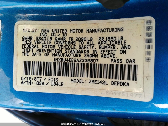 2010 TOYOTA COROLLA VIN: 1NXBU4EE9AZ339807