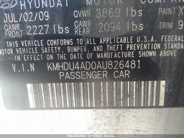 2010 HYUNDAI ELANTRA GLS PZEV VIN: KMHDU4AD0AU826481