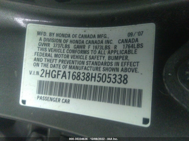 2008 HONDA CIVIC SDN EX VIN: 2HGFA16838H505338