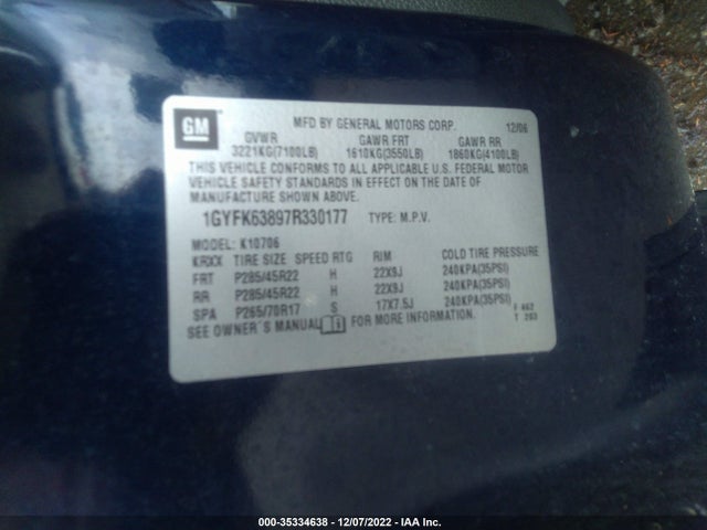 2007 CADILLAC ESCALADE VIN: 1GYFK63897R330177