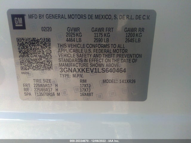 2020 Chevrolet Equinox, VIN: 3GNAXKEV1LS640464
