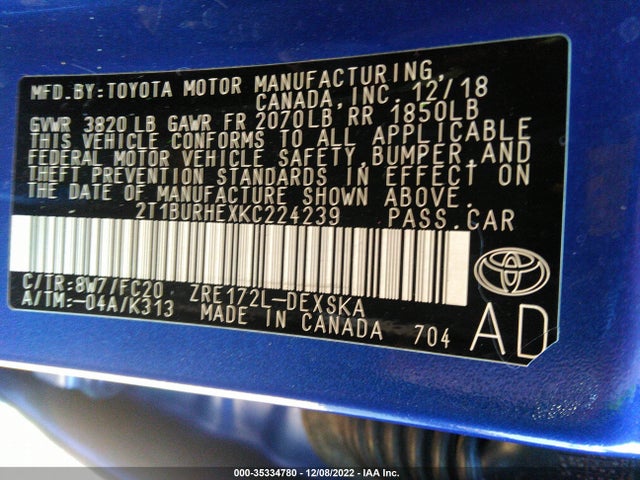 2019 TOYOTA COROLLA L/LE/SE/XLE/XSE VIN: 2T1BURHEXKC224239