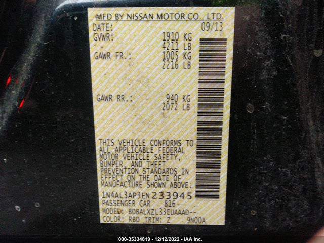 2014 NISSAN ALTIMA 2.5 SL VIN: 1N4AL3AP3EN233945