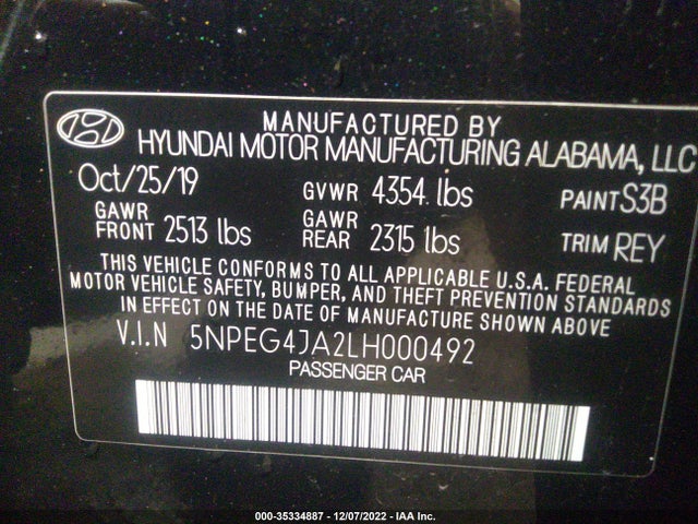 2020 Hyundai Sonata, VIN: 5NPEG4JA2LH000492