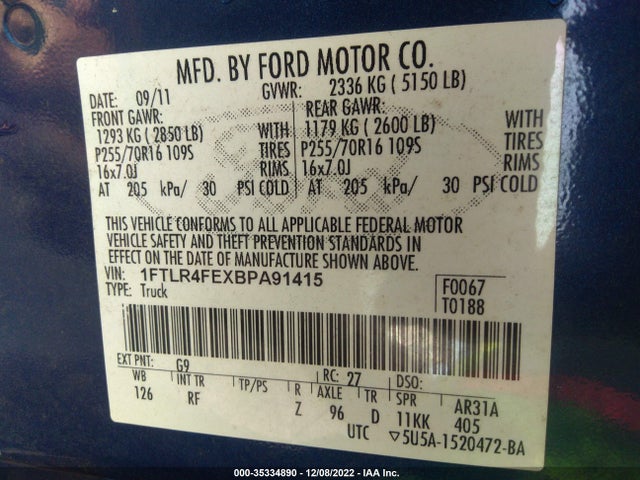 2011 FORD RANGER XLT/SPORT VIN: 1FTLR4FEXBPA91415
