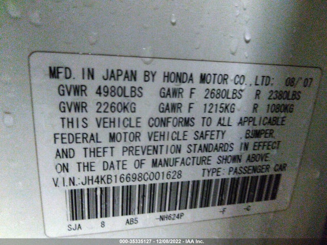 2008 ACURA RL TECH PKG/TECH/CMBS W/PAX VIN: JH4KB16698C001628