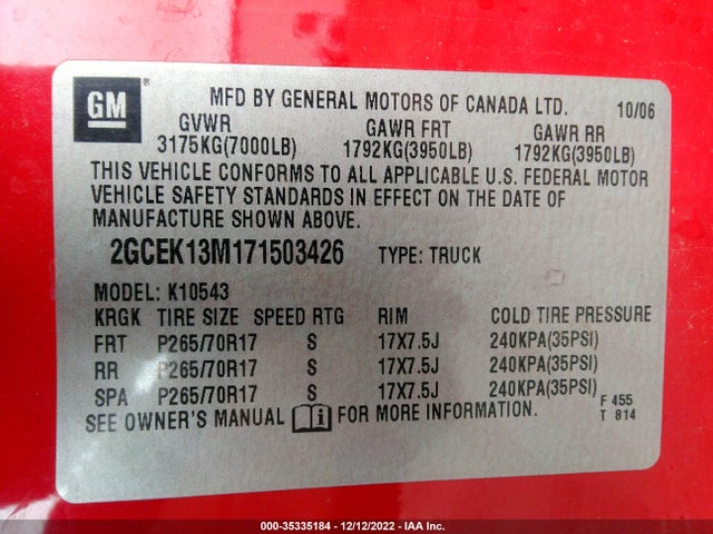 2007 CHEVROLET SILVERADO 1500 LT W/2LT VIN: 2GCEK13M171503426