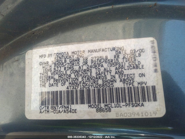 2000 TOYOTA SIENNA LE/XLE VIN: 4T3ZF13C2YU268525