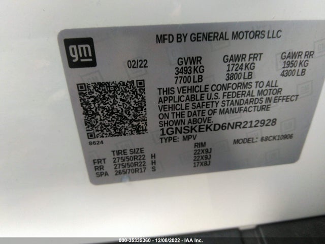 2022 Chevrolet Suburban, VIN: 1GNSKEKD6NR212928