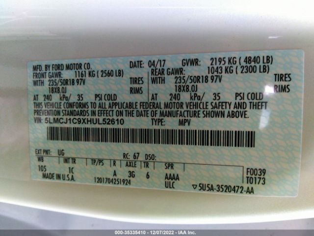 5LMCJ1C9XHUL52610 Lincoln Mkc Premiere