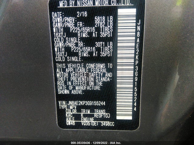 2016 Nissan Quest, VIN: JN8AE2KP3G9155244