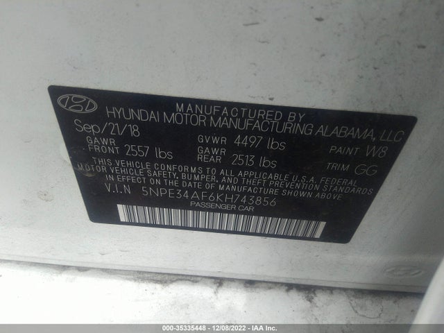 2019 Hyundai Sonata Sel მანქანა იყიდება აუქციონზე, vin: 5NPE34AF6KH743856, აუქციონის ნომერი: 35335448