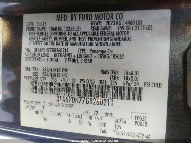 2016 FORD FUSION SE VIN: 3FA6P0H77GR260211