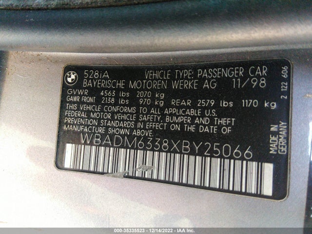 1999 BMW 5 SERIES 528IA VIN: WBADM6338XBY25066