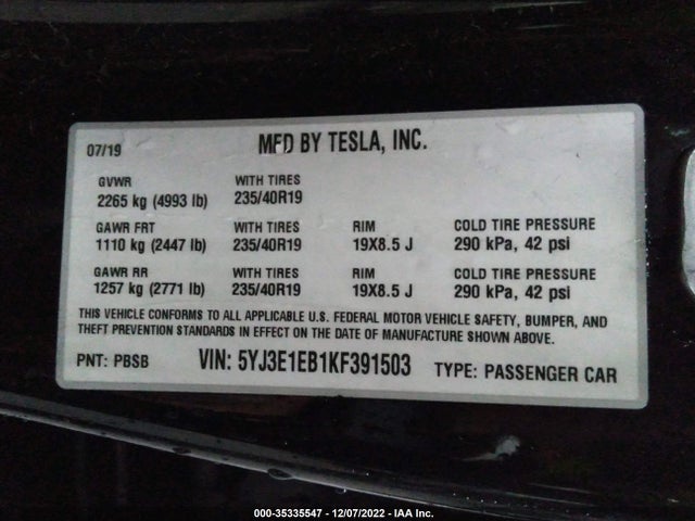 Tesla Model 3 Long Range/performance 2019 5YJ3E1EB1KF391503 Image 9