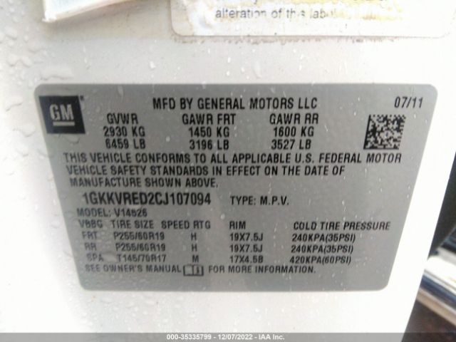 1GKKVRED2CJ107094 GMC Acadia Slt1