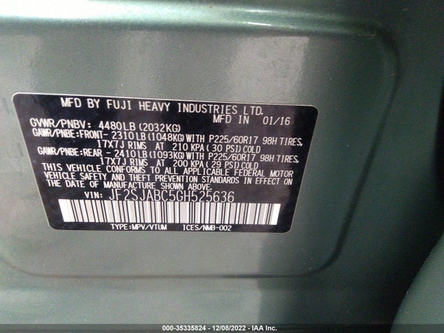 2016 SUBARU FORESTER 2.5I VIN: JF2SJABC5GH525636