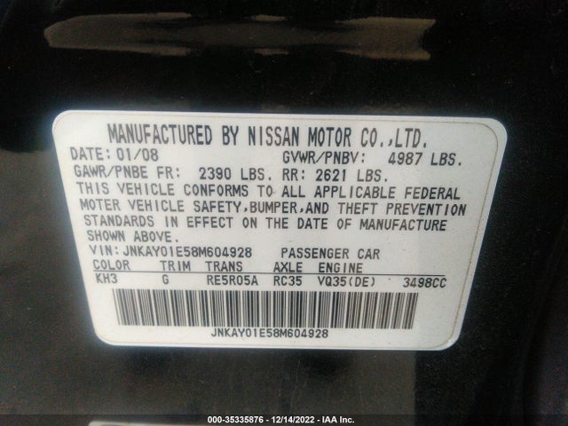 2008 INFINITI M35 VIN: JNKAY01E58M604928