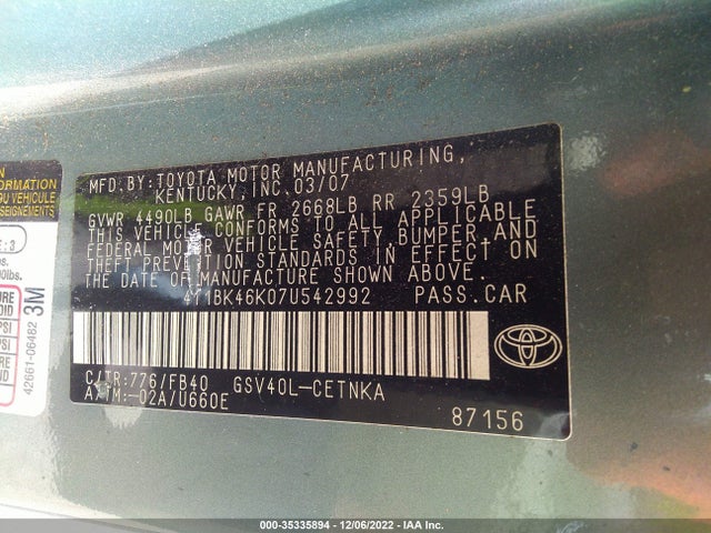 2007 TOYOTA CAMRY LE/SE/XLE VIN: 4T1BK46K07U542992