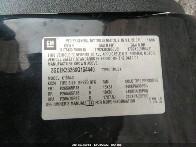 2009 CHEVROLET SILVERADO 1500 LTZ VIN: 3GCEK33369G154440