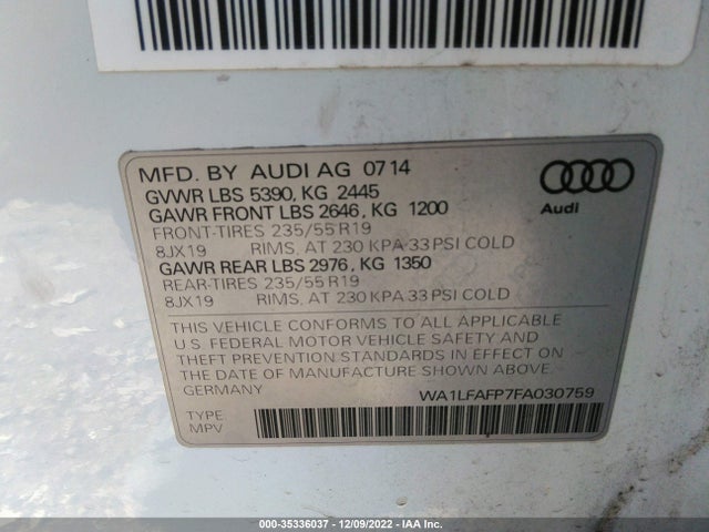 2015 AUDI Q5 PREMIUM PLUS VIN: WA1LFAFP7FA030759
