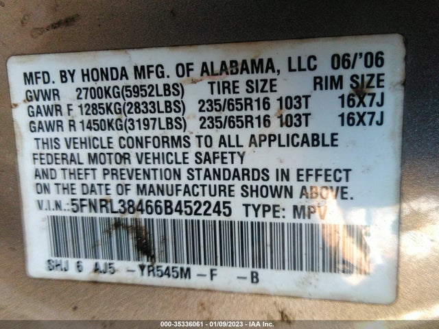 2006 HONDA ODYSSEY EX VIN: 5FNRL38466B452245