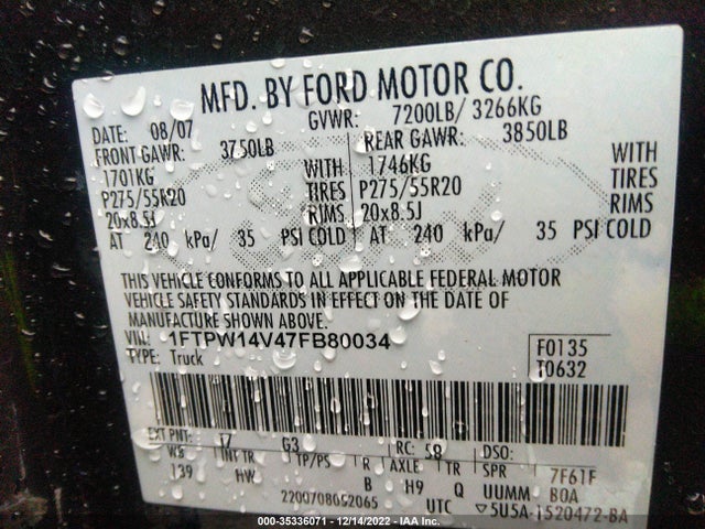 2007 FORD F-150 XLT/FX4/LARIAT/KING RANCH VIN: 1FTPW14V47FB80034