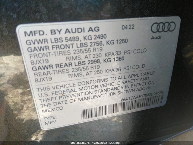 WA1EAAFY3N2099599 Audi Q5 S Line Premium Plus