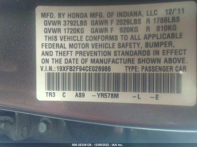 2012 HONDA CIVIC SDN EX-L VIN: 19XFB2F94CE028966