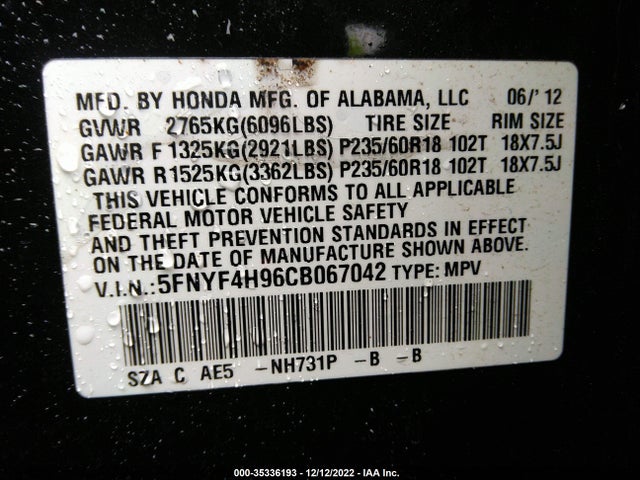Honda Pilot Touring 2012 5FNYF4H96CB067042 Image 10