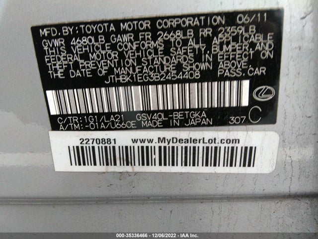 Lexus ES 350 2011 JTHBK1EG3B2454408 Image 10