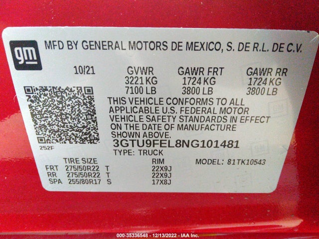 2022 GMC Sierra 1500, VIN: 3GTU9FEL8NG101481