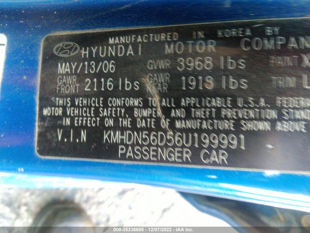 2006 HYUNDAI ELANTRA GLS/GT VIN: KMHDN56D56U199991