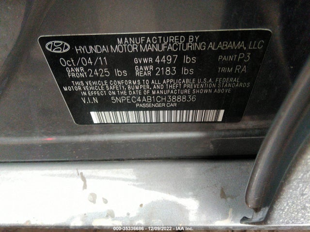2012 HYUNDAI SONATA 2.0T SE VIN: 5NPEC4AB1CH388836