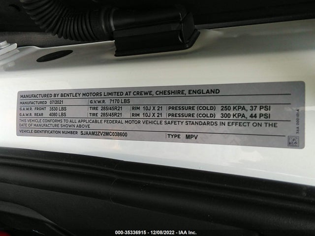 2021 Bentley Bentayga, VIN: SJAAM2ZV2MC038600