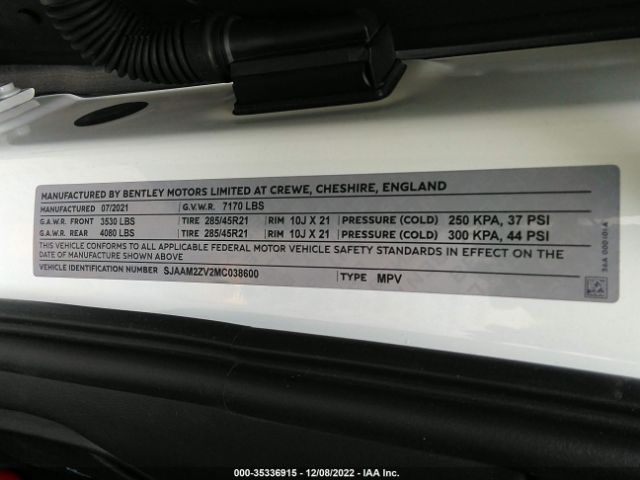 SJAAM2ZV2MC038600 Bentley Bentayga V8/first Edition