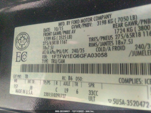 1FTFW1EG6GFA03058 Ford F-150 Xlt/xl/lariat/platinum
