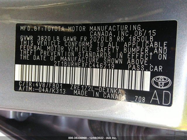 2015 TOYOTA COROLLA L/LE/S/S PLUS/LE PLUS VIN: 2T1BURHEXFC446219