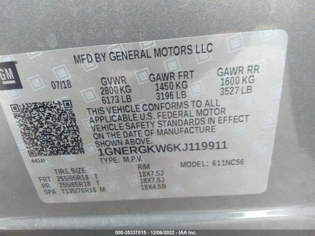 2019 Chevrolet Traverse, VIN: 1GNERGKW6KJ119911