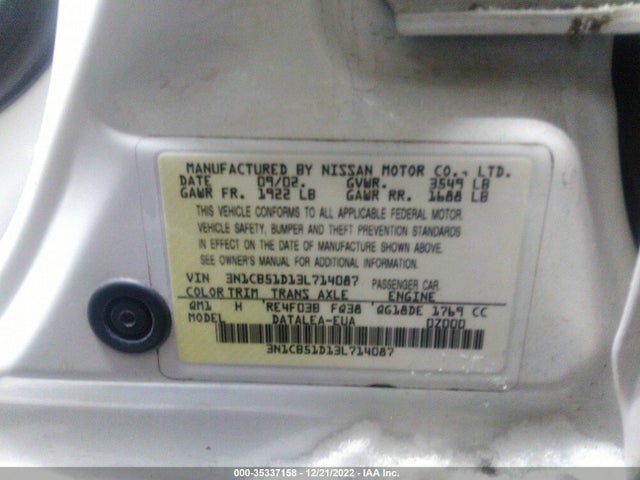 2003 NISSAN SENTRA GXE VIN: 3N1CB51D13L714087