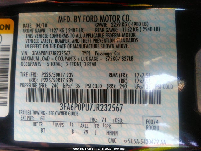 2018 Ford Fusion, VIN: 3FA6P0PU7JR232567